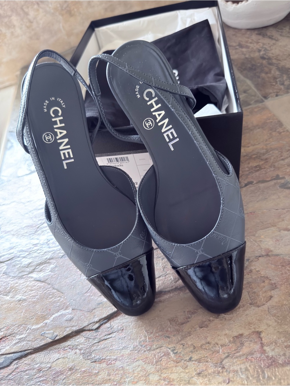 CHANEL Blue  Gray / Black  Slingback Pumps with Black Patent Cap Toe Size 5.5